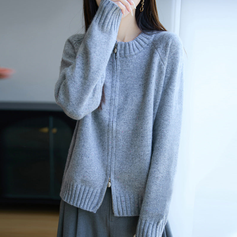 Damen Zip-Strickjacke mit Rundhalsausschnitt, feinem Nep‑Garn und gerippten Abschlüssen Echoarchiv