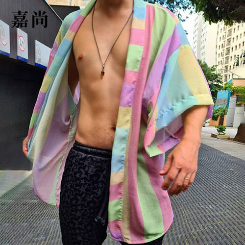 Damen Leichter Oversize-Kimono-Cardigan mit Längsstreifen und offenem Schnitt – Veloura