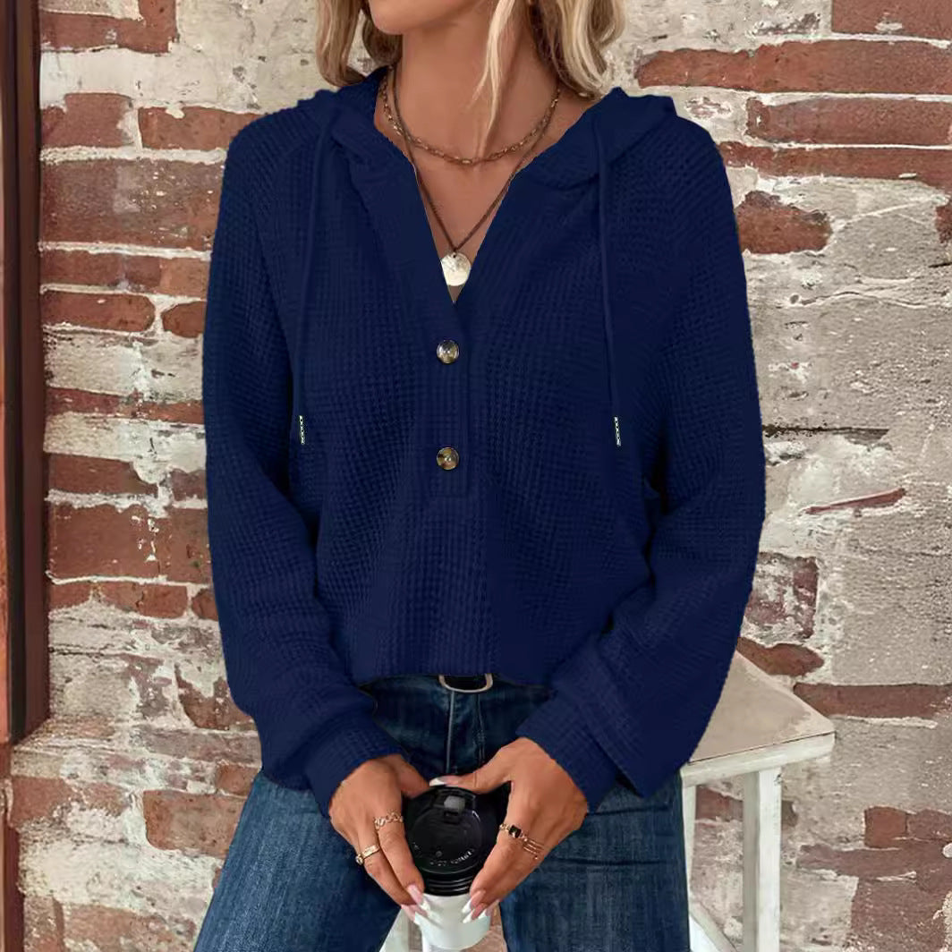 Damen Waffelstrick Kapuzenpullover mit Knopfleiste und Rüschenkragen Echoarchiv