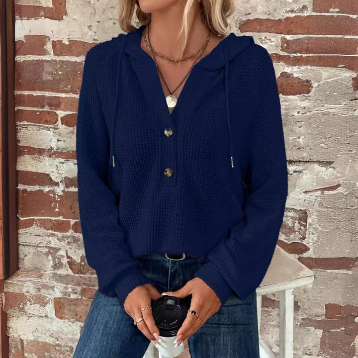 Damen Waffelstrick Kapuzenpullover mit Knopfleiste und Rüschenkragen Echoarchiv
