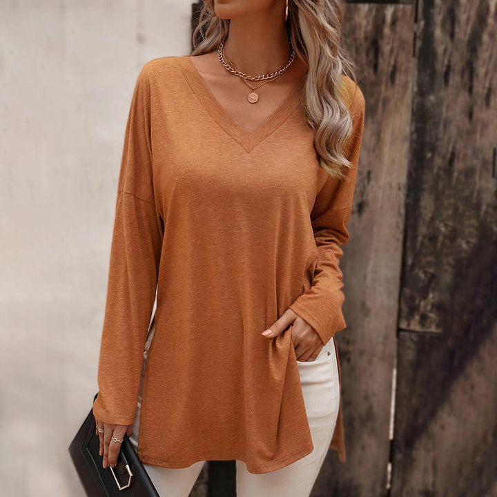 Damen lässige V-Neck Longsleeve-Tunika mit Seitenschlitzen und relaxed Fit – Avérine