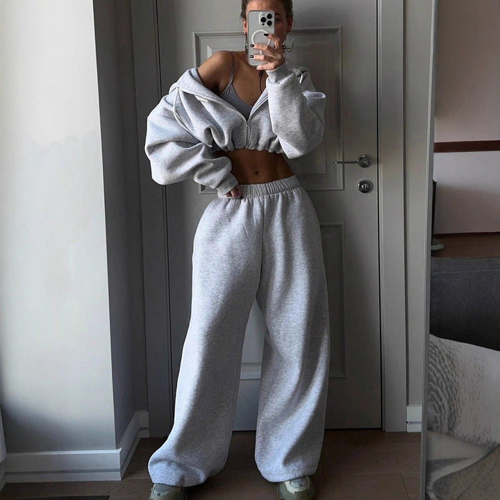 Damen nan kurzes Zip-Hoodie Cropped Sweatshirt mit Kordelzug, angesetzten Ballonärmeln und elastischem Saum Echo Archiv