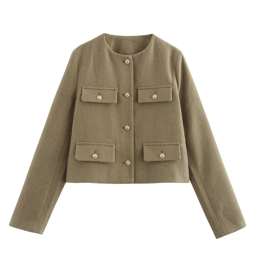 Damen Kurze Bouclé-Blazerjacke mit Rundhalsausschnitt, Zierleistentaschen und goldfarbenen Knöpfen Echo Archiv