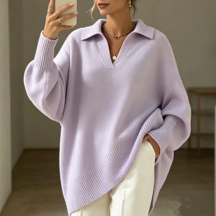 Damen Oversize-Polokragen V-Ausschnitt Strickpullover mit Ballonärmeln – Mavelle