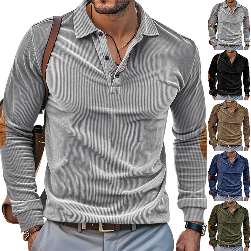 Herren lässiges Langarm-Henley-Shirt mit strukturiertem Rippenstoff und kontrastierenden Ellbogenpatches Echoarchiv
