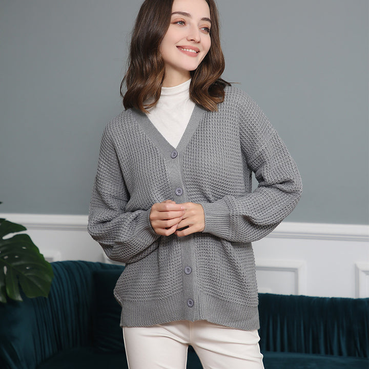 Damen Waffelstruktur-Cardigan mit tiefem V-Ausschnitt und kastigem Oversize-Schnitt Echo Archiv