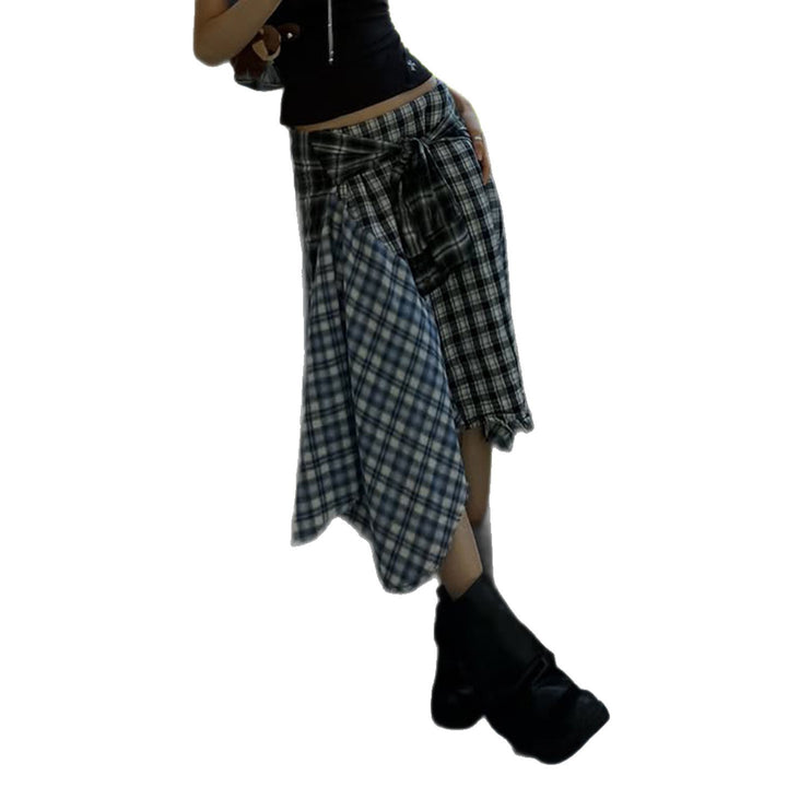 Damen Asymmetrischer Midirock im Karo-Patchwork mit Bundschärpe Echo Archiv