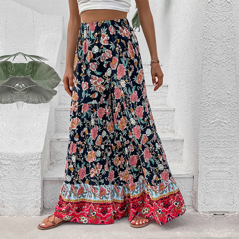 Damen Maxirock mit Stufen, elastischem Bund und floralem Boho-Print Echoarchiv