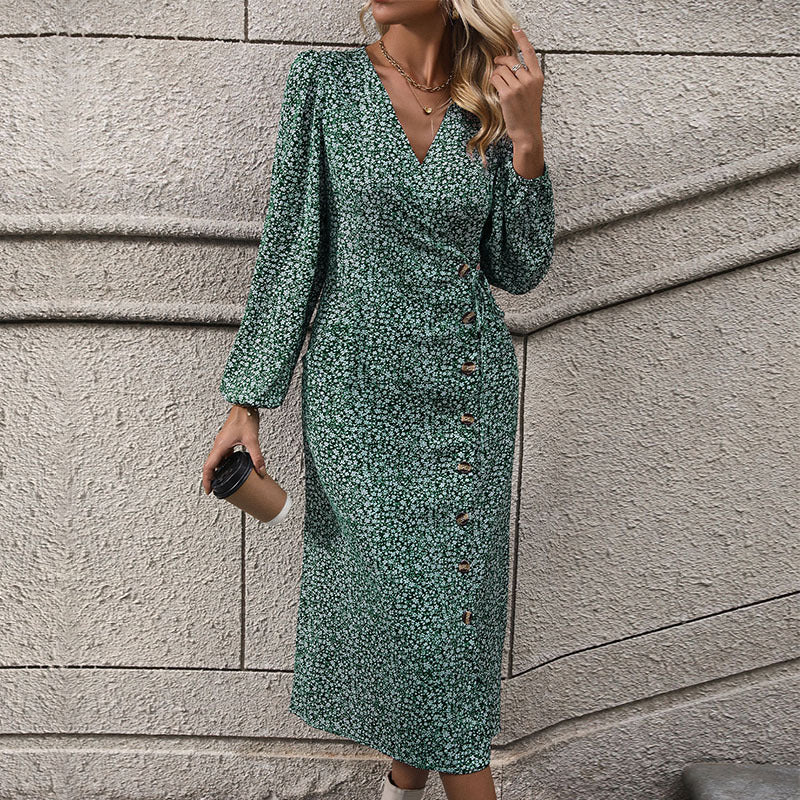 Damen Florales Wickel-Midikleid mit asymmetrischer Knopfleiste und geraffter Taille Echoarchiv