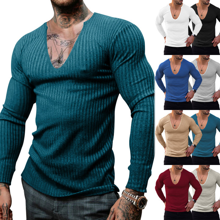 Herren langarm V-Ausschnitt Shirt mit strukturiertem Design Echoarchiv