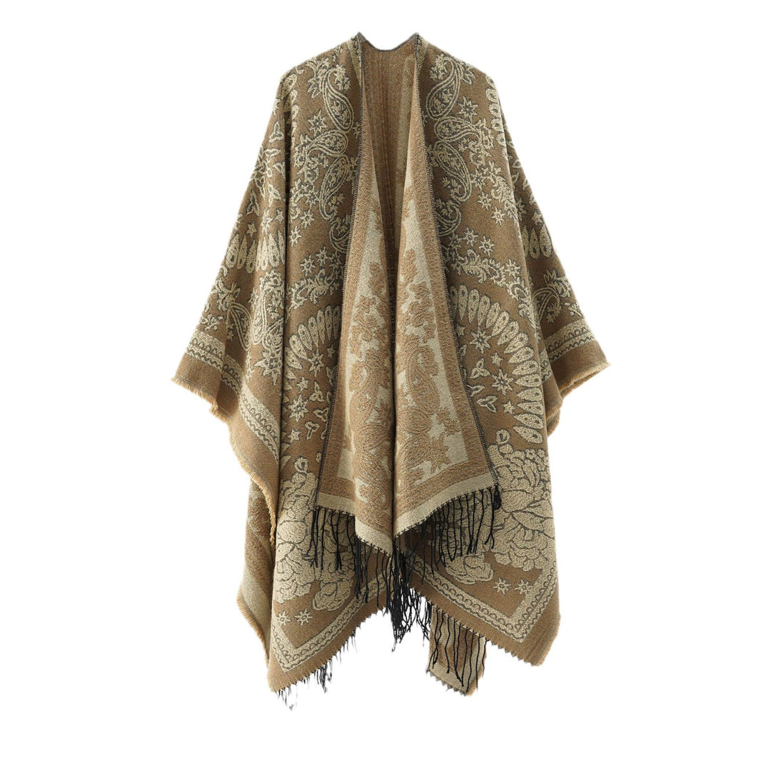 Damen Jacquard-Umhangponcho aus Wollmix mit beidseitigem Paisley-Jacquard und Fransen – Célinea