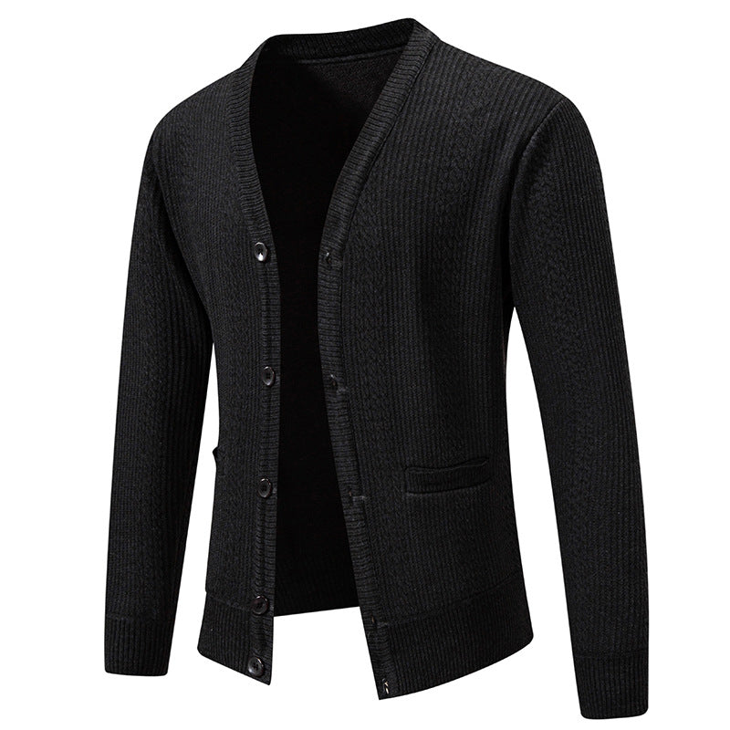 Herren Texturierter V-Ausschnitt Strickcardigan mit Knopfleiste und Eingrifftaschen Echo Archiv