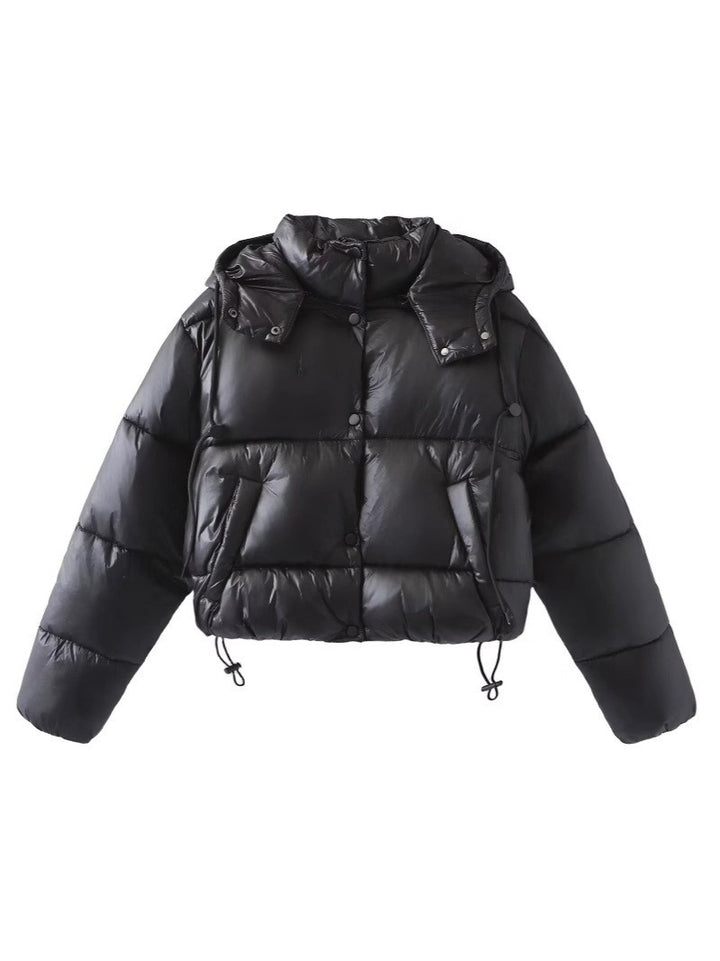 Damen Glänzende Cropped Pufferjacke mit Kordelzug und Druckknopfblende Echo Archiv