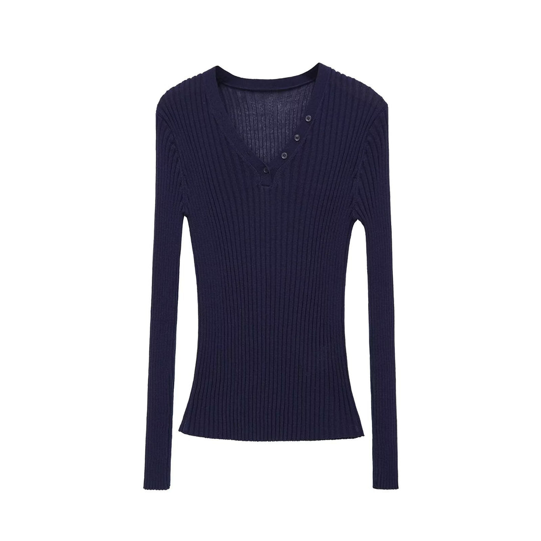 Damen Figurbetontes Rippstrick-Longsleeve mit V-Ausschnitt und Zierknopfleiste Echo Archiv