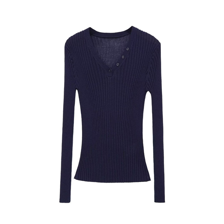 Damen Figurbetontes Rippstrick-Longsleeve mit V-Ausschnitt und Zierknopfleiste Echo Archiv