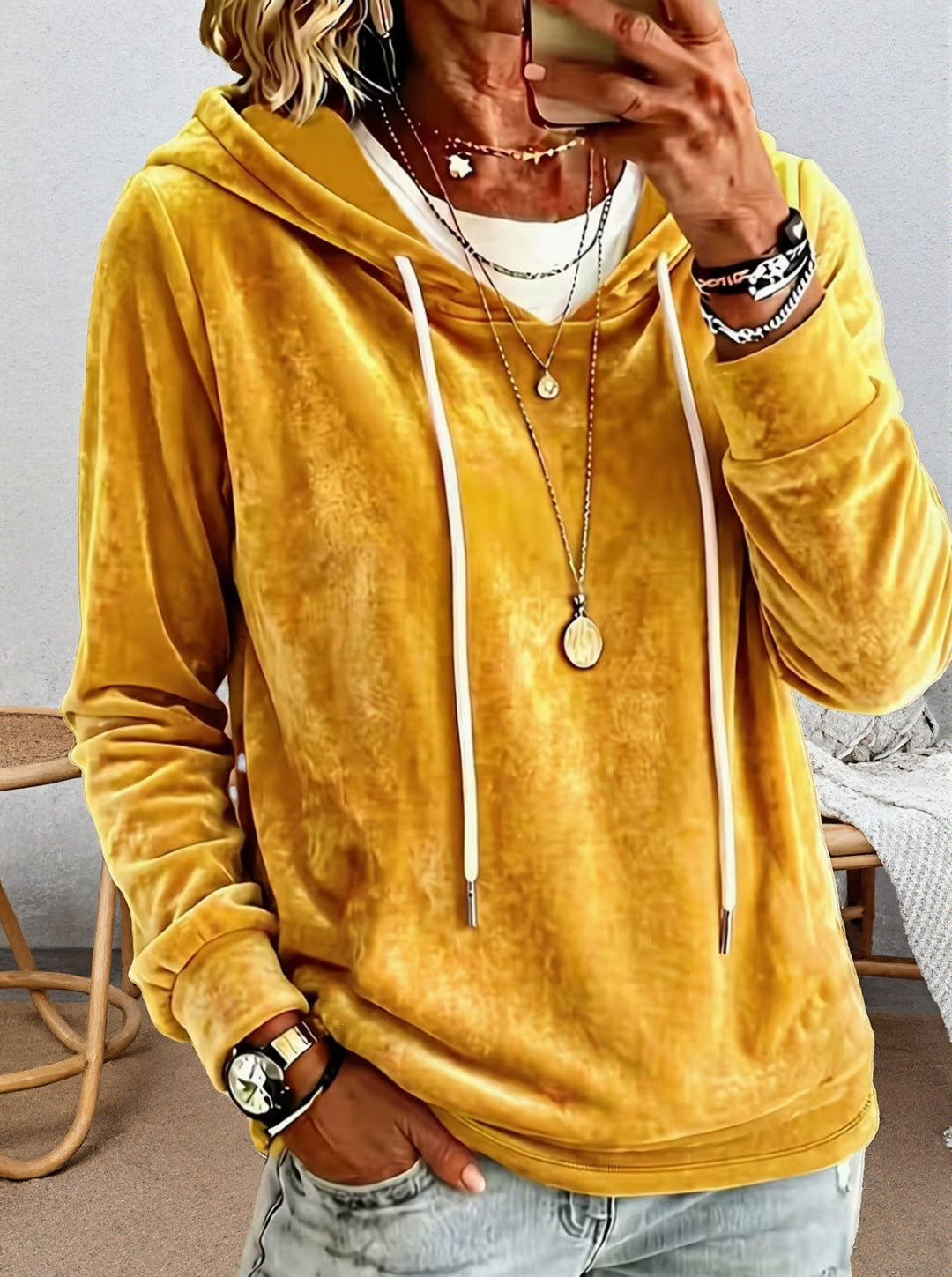 Damen Samtvelours-Hoodie mit Kordelzug und lässiger Oversize-Passform Echoarchiv