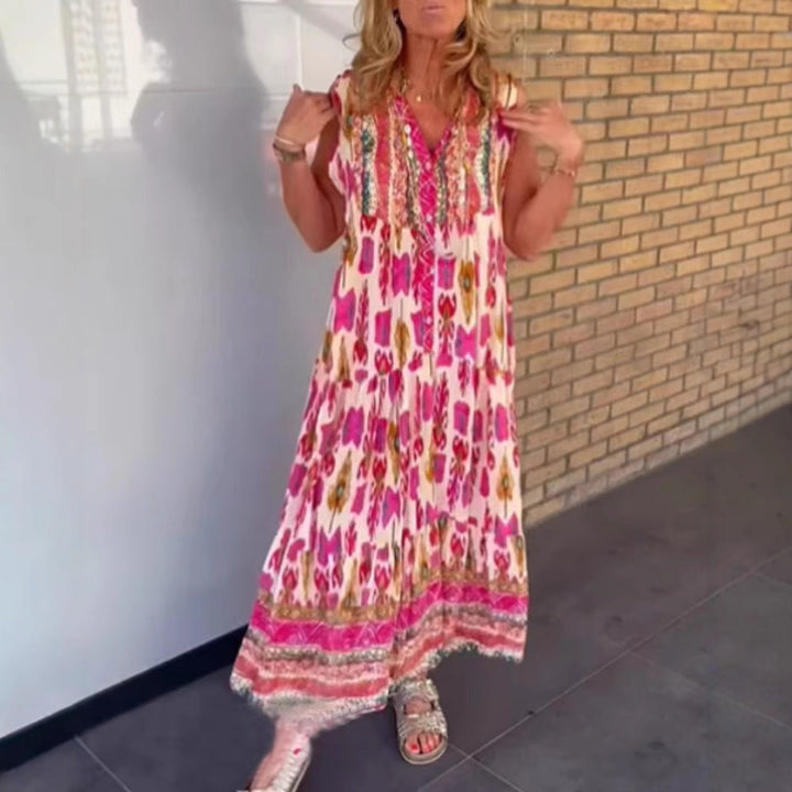 Damen nan fließendes Maxikleid im Boho-Stil mit V-Ausschnitt, Stufenrock und bestickter Passe Echo Archiv