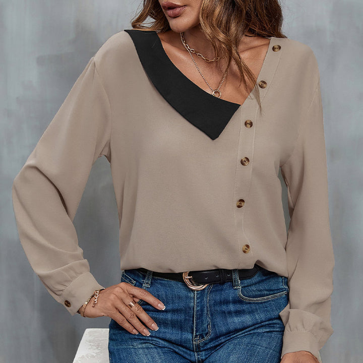 Damen Elegante Bluse mit asymmetrischem Kragen und Knopfdetails Echo Archiv