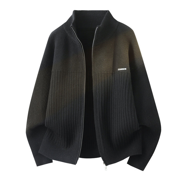 Unisex Oversize Strick-Cardigan mit Stehkragen, durchgehendem Reißverschluss & Struktur-Rippstrick Echoarchiv