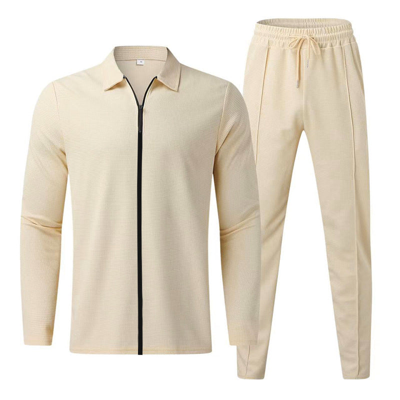 Herren Strukturiertes Waffel-Loungewear-Set mit Kragen-Halbzip & Kordelzughose – Cavarno