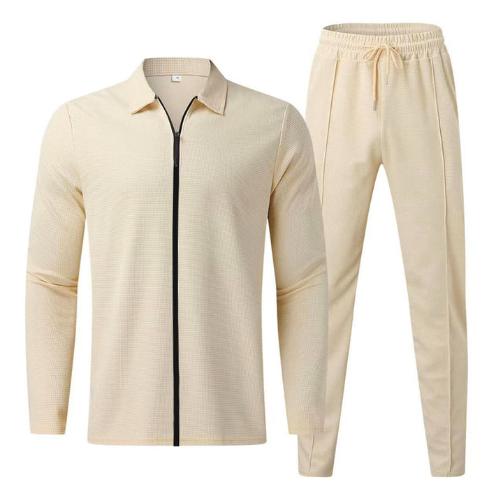 Herren Strukturiertes Waffel-Loungewear-Set mit Kragen-Halbzip & Kordelzughose – Cavarno