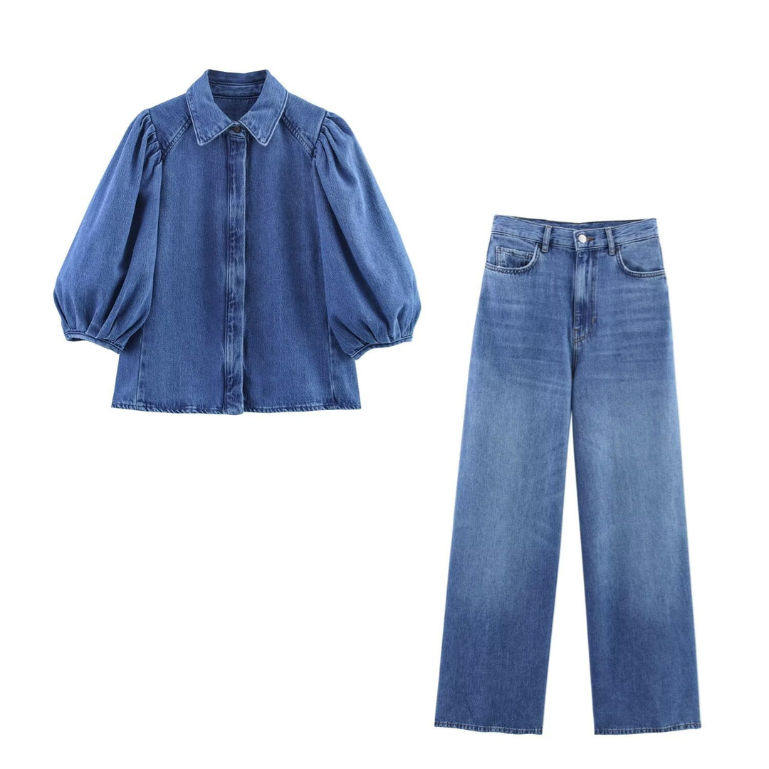 Damen luftige und strukturierte Bluse mit Balloonärmeln und weiten Jeans Echo Archiv
