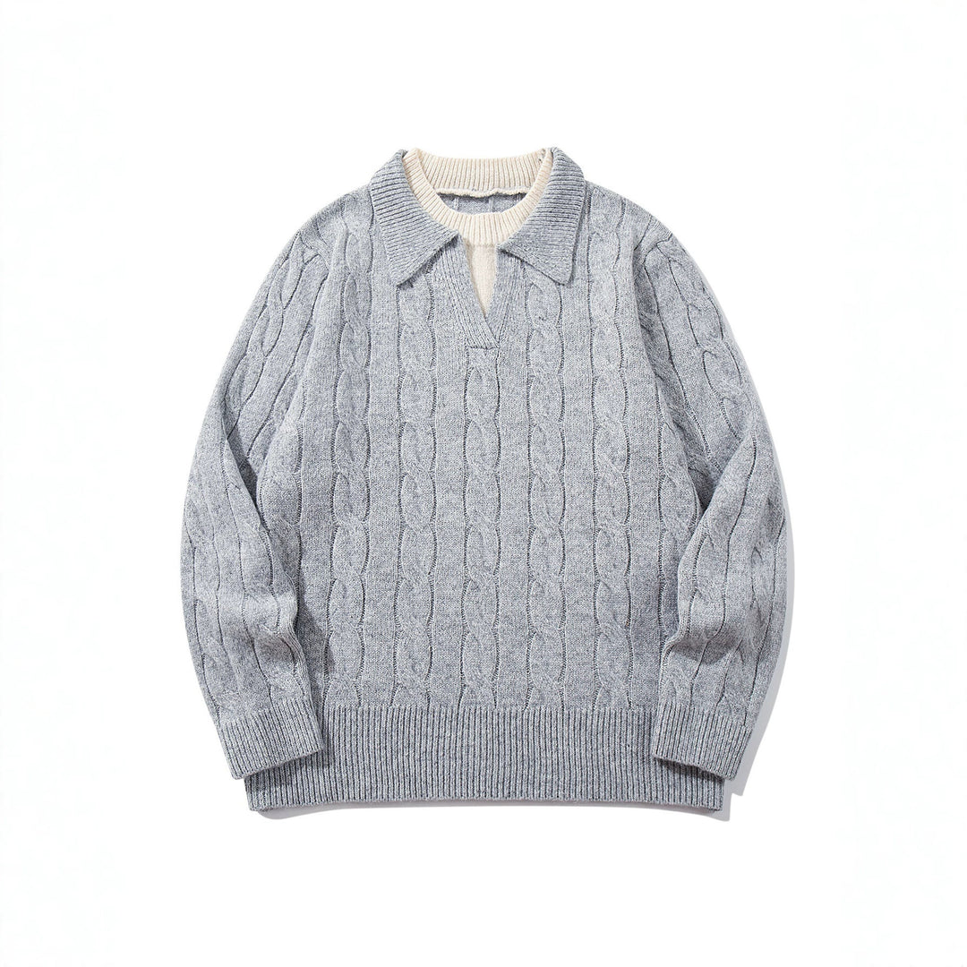 Unisex Strukturiertes Zopfstrick-Pullover mit Polokragen und tiefem V‑Ausschnitt Echoarchiv