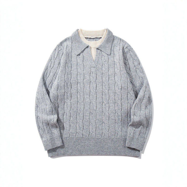 Unisex Strukturiertes Zopfstrick-Pullover mit Polokragen und tiefem V‑Ausschnitt Echoarchiv