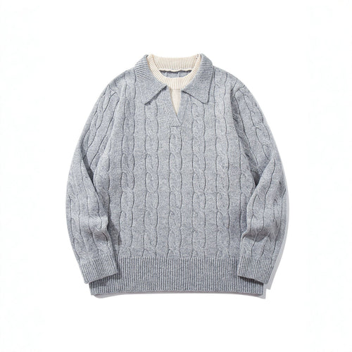 Unisex Strukturiertes Zopfstrick-Pullover mit Polokragen und tiefem V‑Ausschnitt Echoarchiv