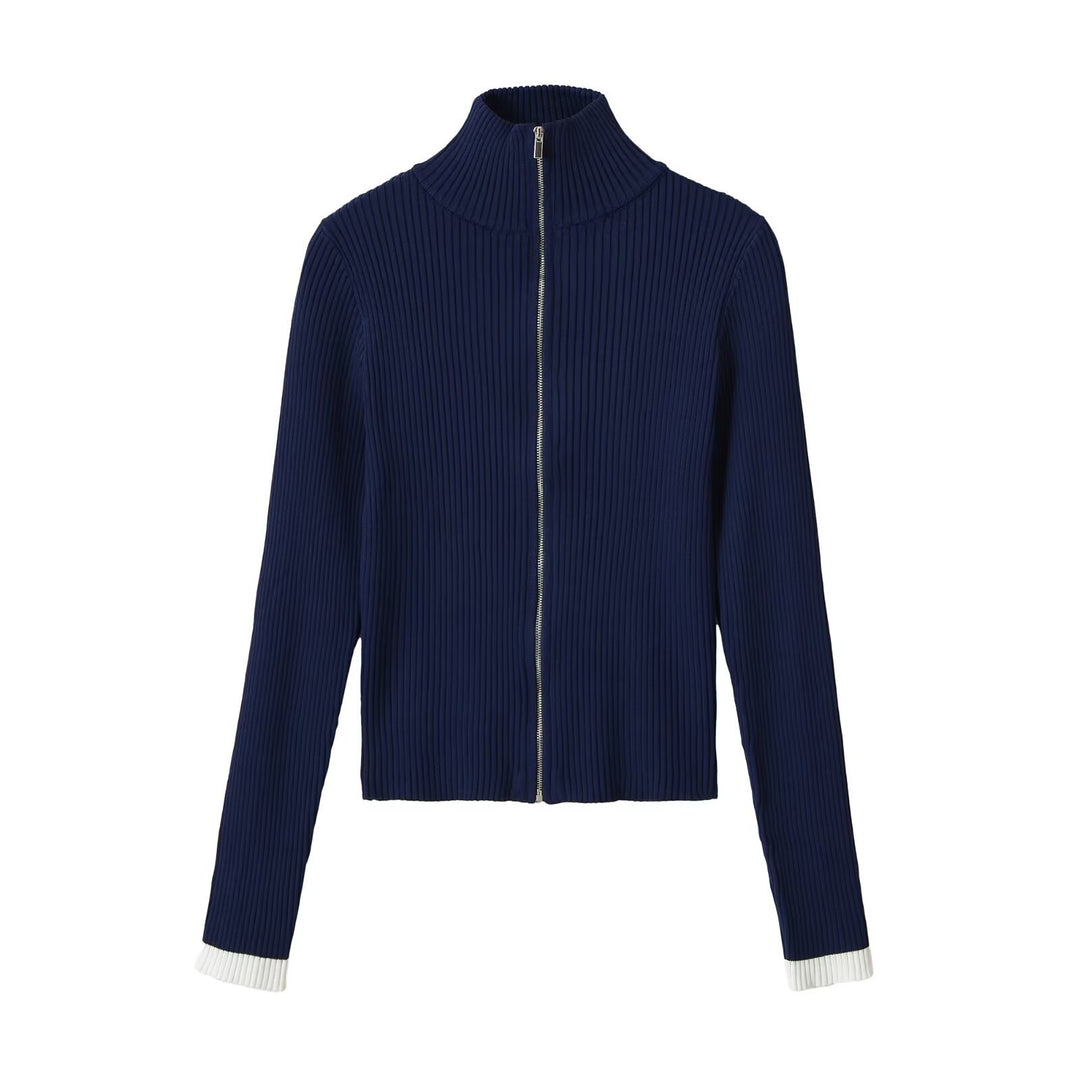 Damen Gerippte Reißverschluss-Strickjacke mit Stehkragen und Kontrastbündchen Echo Archiv