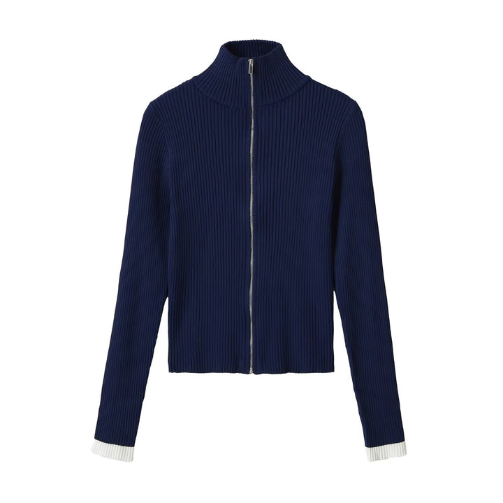 Damen Gerippte Reißverschluss-Strickjacke mit Stehkragen und Kontrastbündchen Echo Archiv