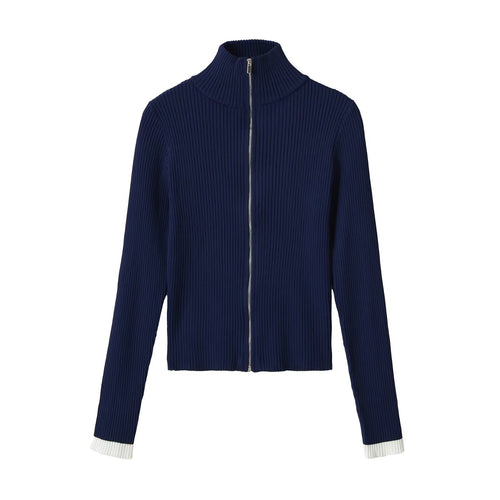 Damen Gerippte Reißverschluss-Strickjacke mit Stehkragen und Kontrastbündchen Echo Archiv