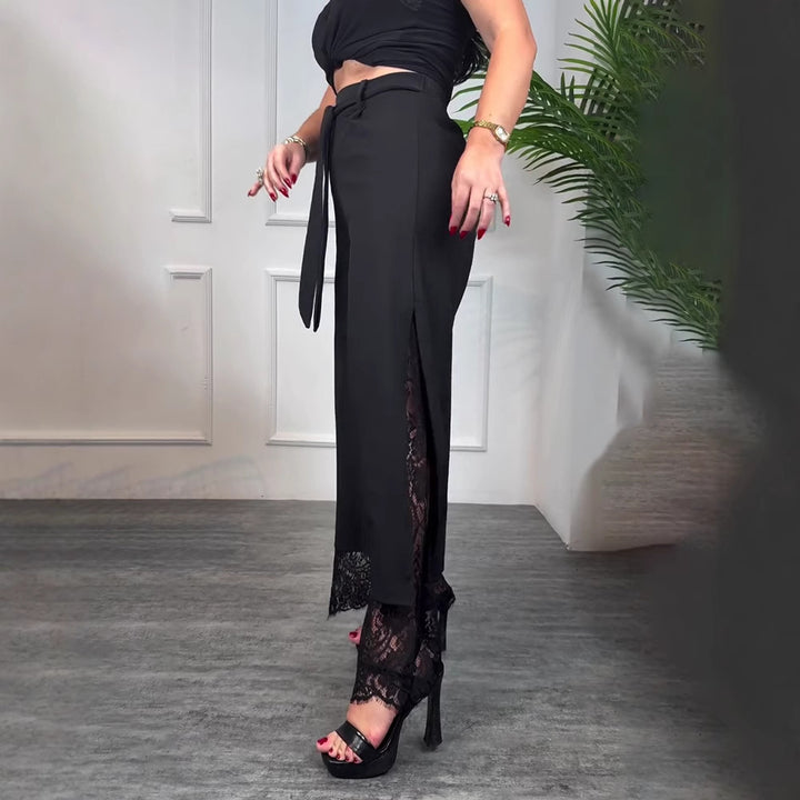 Damen nan taillierte hochgeschnittene Hose mit seitlichem Schlitz, transparenter Spitzen-Unterlage und Bindegürtel Echo Archiv