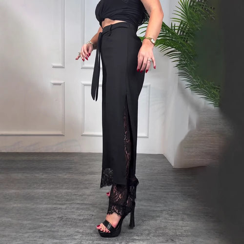 Damen nan taillierte hochgeschnittene Hose mit seitlichem Schlitz, transparenter Spitzen-Unterlage und Bindegürtel Echo Archiv