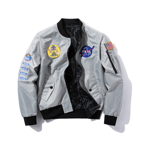 Herren  bestickte Raum-Patch glänzende Shell Bomberjacke mit bedrucktem Innenfutter und Ärmel-Reißverschluss-Nutztasche Echo Archiv
