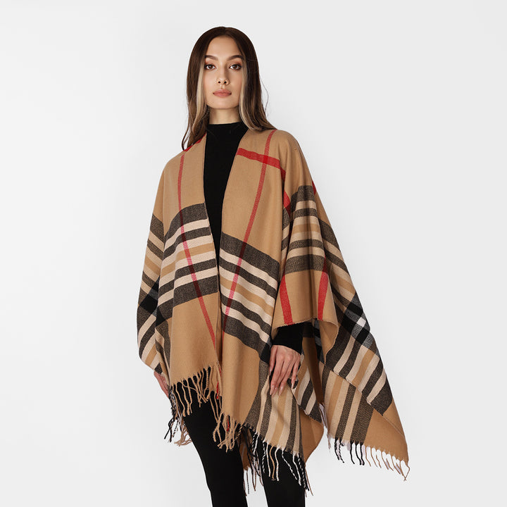 Damen Karierter Wollmix-Poncho mit Fransen und offenem Kimono-Schnitt – Montévia