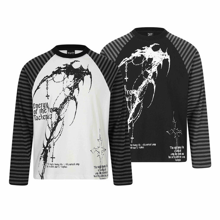 Unisex Langarmshirt im Raglanstil mit Gothic-Print und gestreiften Ärmeln Echoarchiv