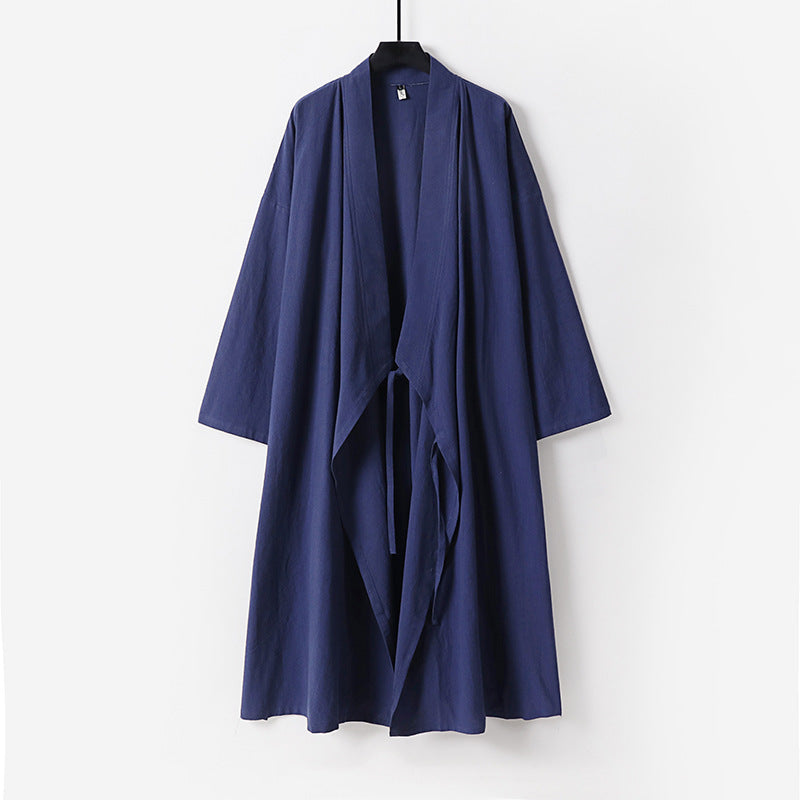 Unisex Langer Kimono-Mantel aus leichtem Baumwollmix mit drapierter Front und Bindeschlaufe Echoarchiv