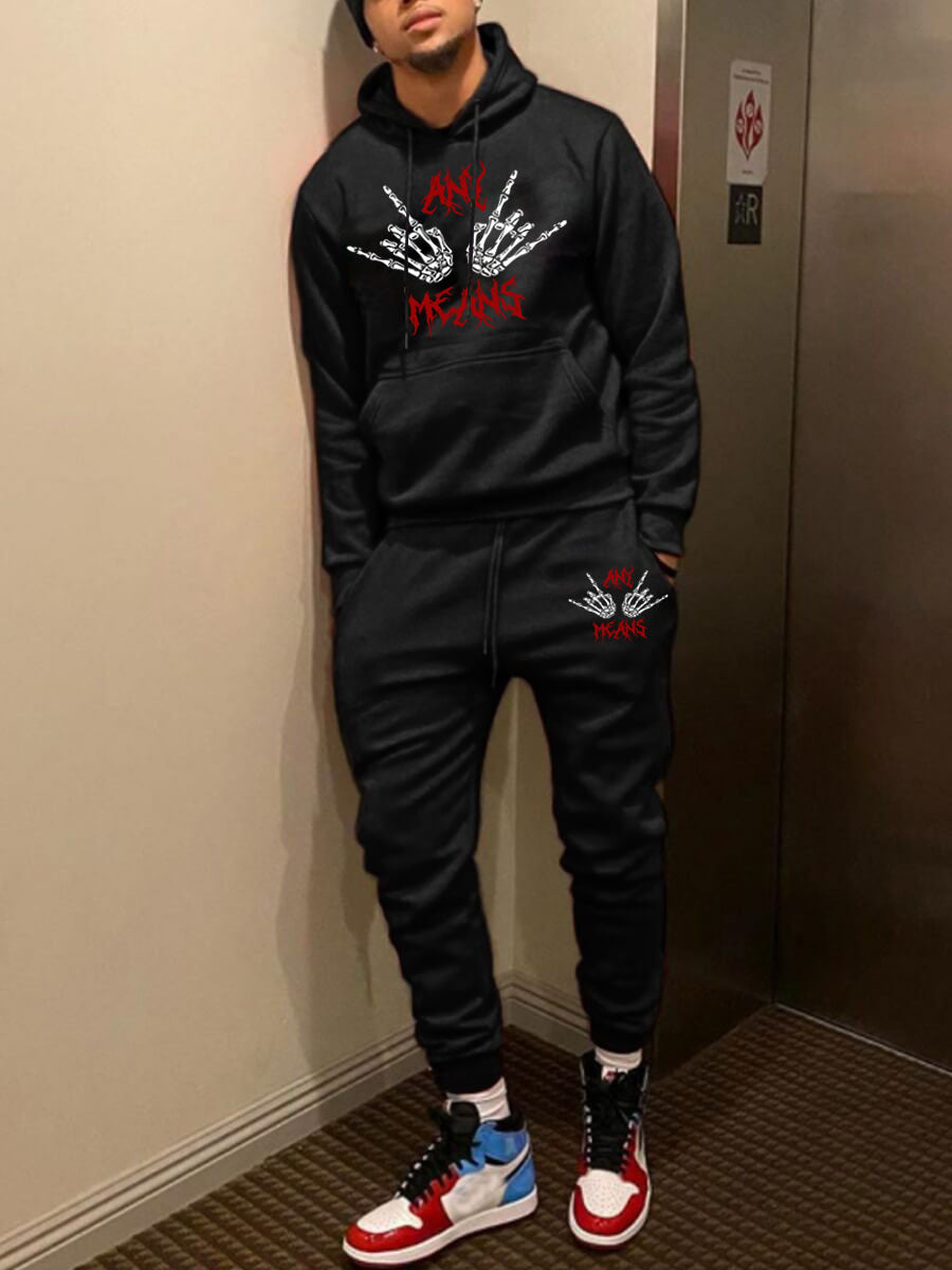 Herren Hoodie und Jogginghose Set mit auffälligem Skelettmotiv Echoarchiv