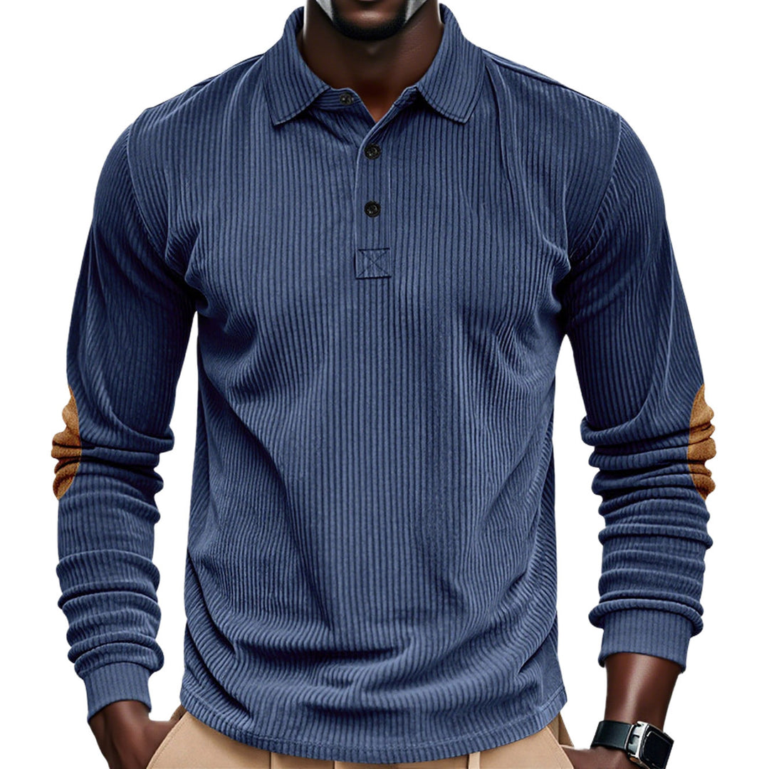 Herren nan geripptes Langarm-Poloshirt mit Henley-Knopfleiste und veloursähnlichen Ellbogenpatches Echo Archiv