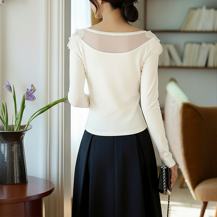 Damen Elegantes Langarm-Oberteil mit Blumenapplikationen Echo Archiv