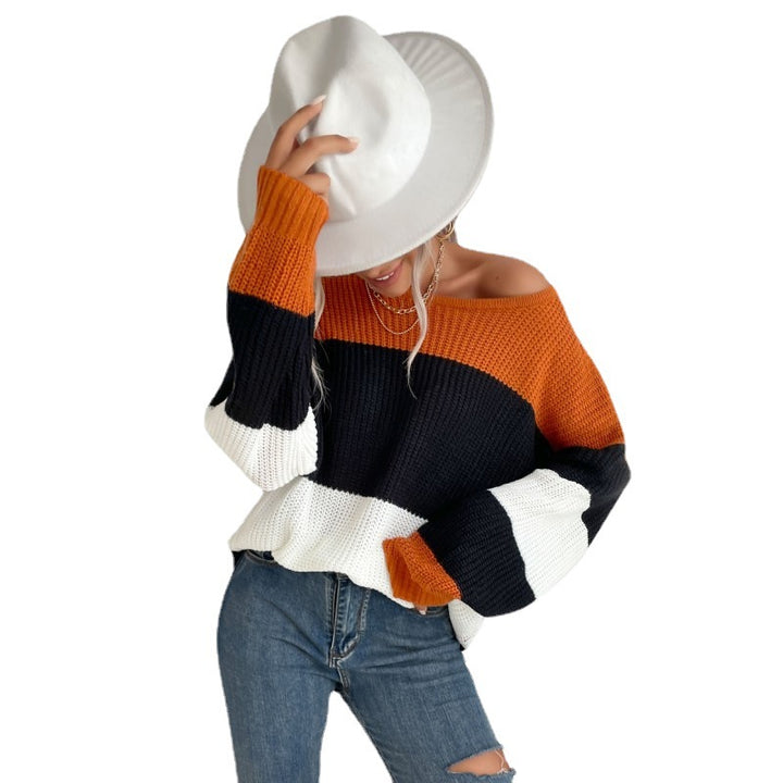 Damen Oversize Strickpullover mit schrägem Carmen-Ausschnitt und breiten Farbblöcken Echoarchiv