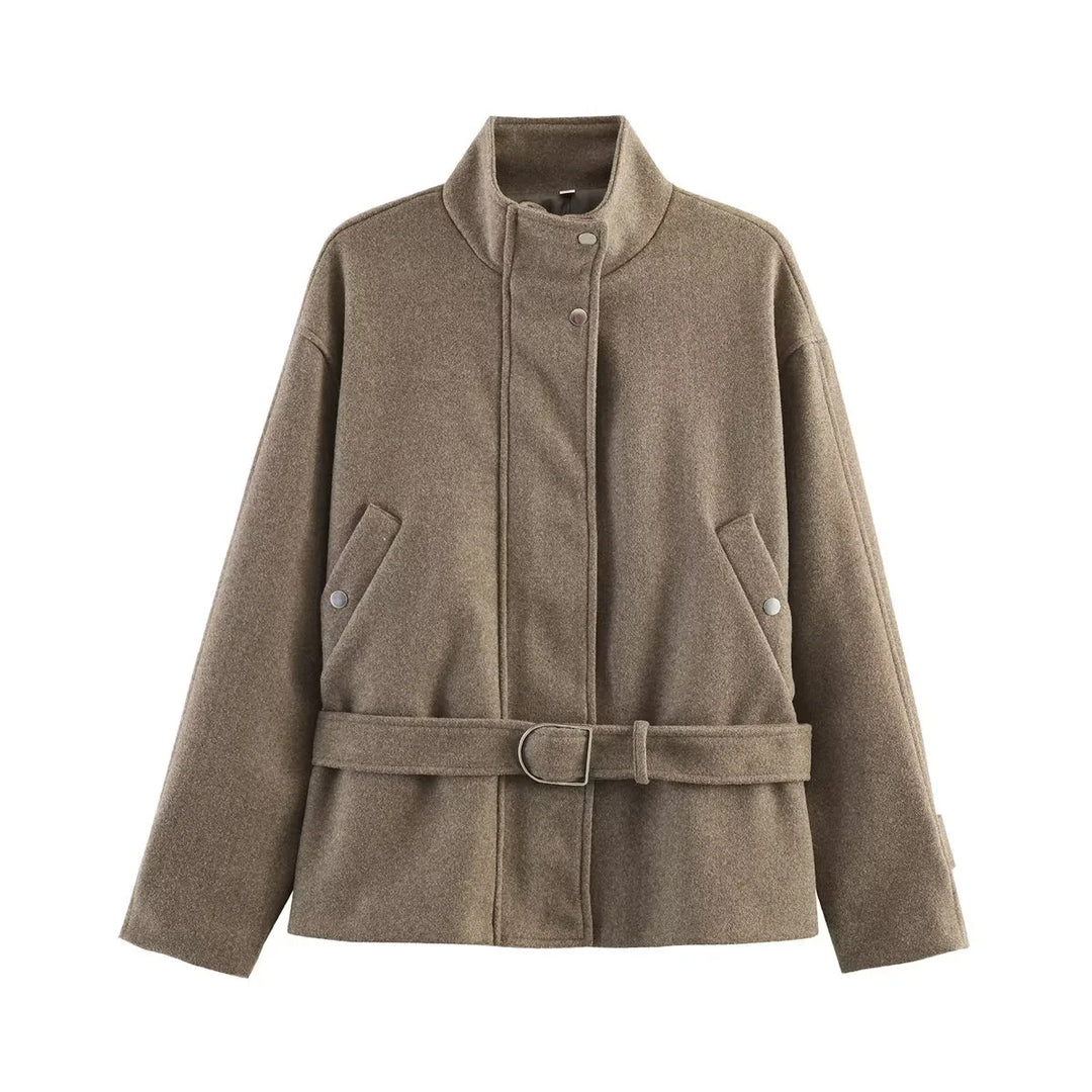 Damen taillierte Kurzjacke im Wollmix mit Stehkragen, Druckknopfleiste und Bindegürtel – Célinea