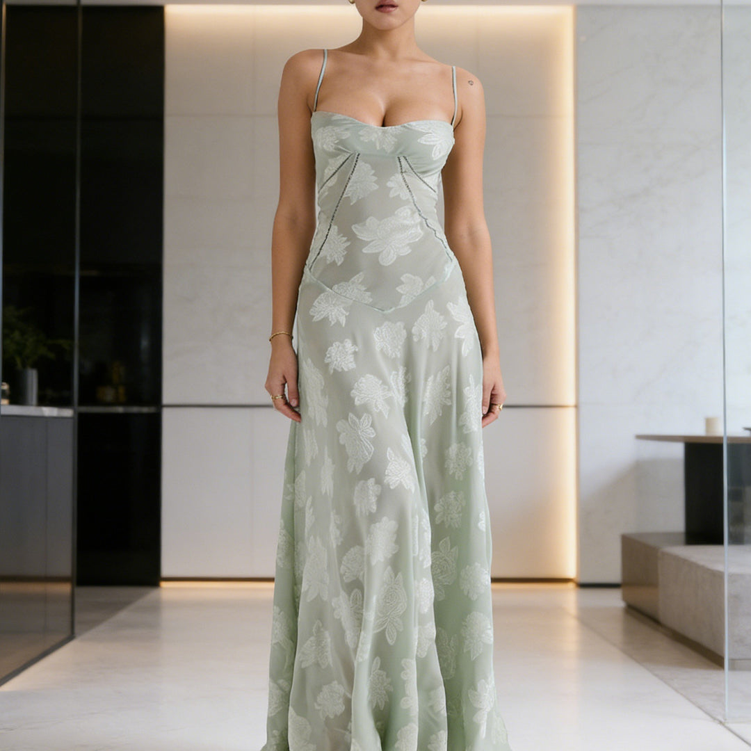 Damen Elegantes Abendkleid mit floralem Oberteil und schmalen Spaghetti-Trägern Echo Archiv