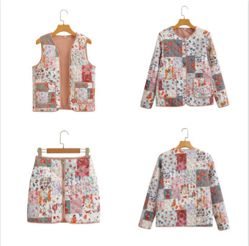 Damen Gesteppte Patchwork-Jacke Weste und Minirock-Set Echo Archiv