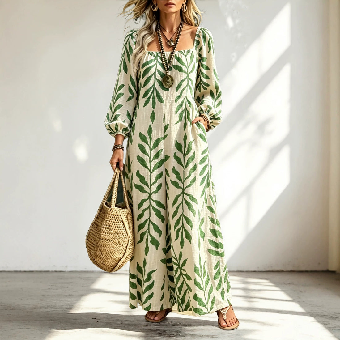 Damen Maxikleid mit quadratischem Ausschnitt, Ballonärmeln und botanischem Print Echoarchiv