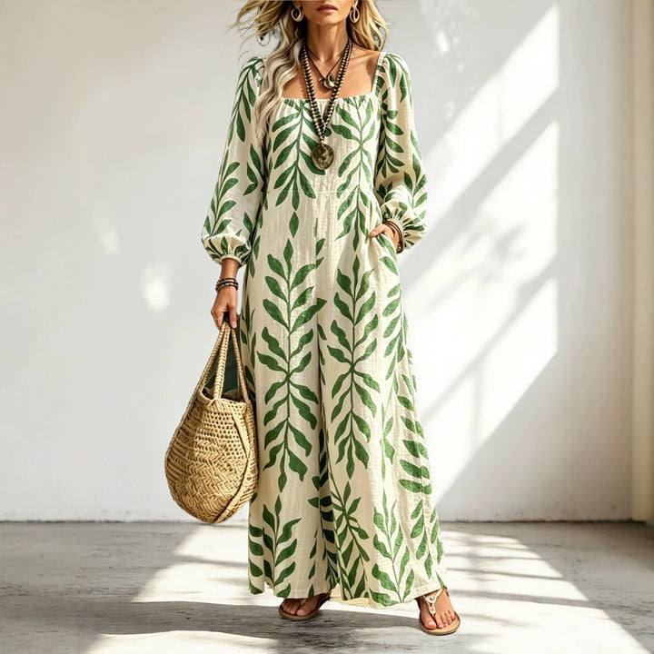 Damen Maxikleid mit quadratischem Ausschnitt, Ballonärmeln und botanischem Print Echoarchiv