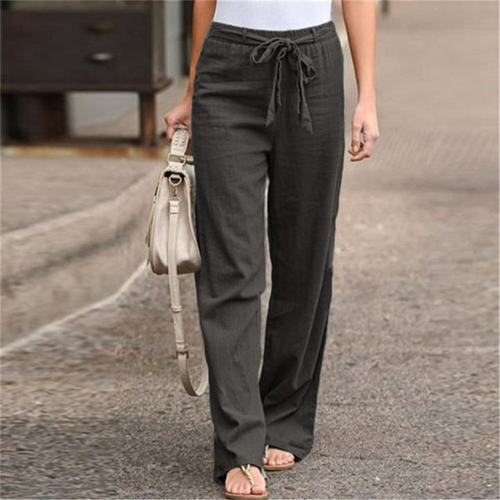 Damen nan weite Leinenhose mit Tunnelzugbund, geradem Bein und Eingrifftaschen Echo Archiv
