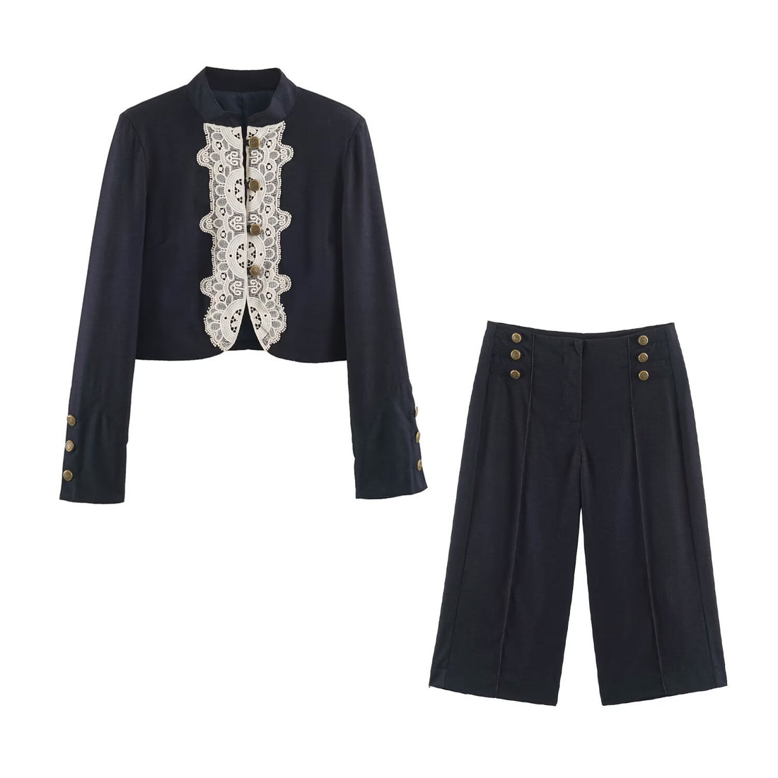 Damen Kurzer Bolero‑Blazer mit Spitzenfront und dekorativen Zierknöpfen Echo Archiv