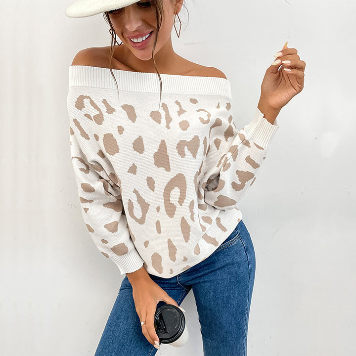 Damen Carmenpullover im Leoparden-Jacquard Oversize mit weitem Ausschnitt Echoarchiv